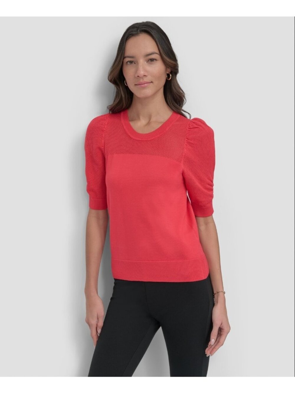 DKNY Women's Mesh Puff- Sleeve Rayon Sweater Watermelon Sugar Red Size S $79